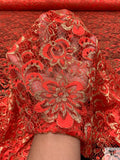 Double Scalloped Floral Metallic French Chantilly Lace - Red Orange / Gold