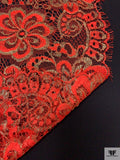 Double Scalloped Floral Metallic French Chantilly Lace - Red Orange / Gold