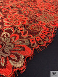 Double Scalloped Floral Metallic French Chantilly Lace - Red Orange / Gold