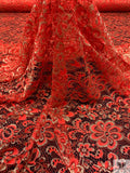 Double Scalloped Floral Metallic French Chantilly Lace - Red Orange / Gold