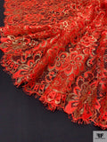 Double Scalloped Floral Metallic French Chantilly Lace - Red Orange / Gold