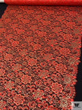 Double Scalloped Floral Metallic French Chantilly Lace - Red Orange / Gold