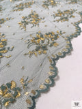 Double Scalloped Floral Fine Lace-Tulle with Lurex Detailing - Dusty Seafoam / Gold