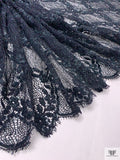Single Scalloped Floral Lattice Metallic French Lace with Cording - Dark Navy