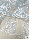 Floral Motif Appliqué and Cording on Tulle - Light Blue / White