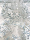 Floral Motif Appliqué and Cording on Tulle - Light Blue / White