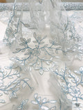 Floral Motif Appliqué and Cording on Tulle - Light Blue / White