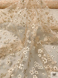 French 3D Puffed Ditsy Floral Tulle with Glitter - Nude / Cream / Gold