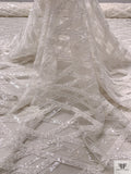 Made in Netherlands Crosshatch Embriodered Tulle with Sequins and Beads - Off-White