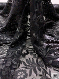 Floral Embroidered Tulle with Sequin Border - Black