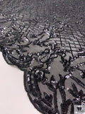 Ornate Sequined Tulle with Scalloped Edges - Black