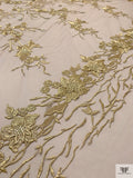 Vine Floral Embroidered Tulle with 3D Flowers - Gold