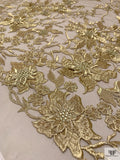 Vine Floral Embroidered Tulle with 3D Flowers - Gold