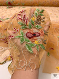 Vine Floral Border Pattern Embroidered and Beaded Tulle with Scalloped Edge - Orange-Tan / Green / Deep Red / Mustard