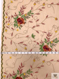 Vine Floral Border Pattern Embroidered and Beaded Tulle with Scalloped Edge - Orange-Tan / Green / Deep Red / Mustard