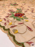 Vine Floral Border Pattern Embroidered and Beaded Tulle with Scalloped Edge - Orange-Tan / Green / Deep Red / Mustard