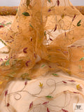 Vine Floral Border Pattern Embroidered and Beaded Tulle with Scalloped Edge - Orange-Tan / Green / Deep Red / Mustard