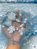 3D Floral Embroidered Tulle - Icy Blue / White