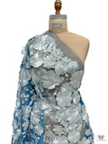 3D Floral Embroidered Tulle - Icy Blue / White