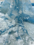 3D Floral Embroidered Tulle - Icy Blue / White