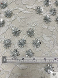 French Lace with 3D Crystalline Stone Flowers - Off-White / Silver