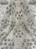 French Lace with 3D Crystalline Stone Flowers - Off-White / Silver