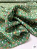 Nautical Flags Printed Fine Silk Twill Panel - Fern Green / Nude Orange / Burnt Coral