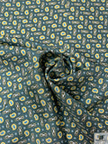 Nautical Paisley Printed Fine Silk Twill Panel - Spruce Green / Yellow / White