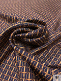 Equestrian Tack Printed Fine Silk Twill Pre-Cut Panel - Navy / Caramel-Tan