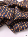 Equestrian Tack Printed Fine Silk Twill Pre-Cut Panel - Navy / Caramel-Tan