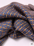 Equestrian Tack Printed Fine Silk Twill Pre-Cut Panel - Blue / Caramel-Tan