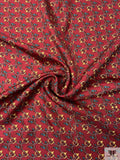 Equestrian Tack Printed Fine Silk Twill Pre-Cut Panel - Blood Red / Turquoise / Yellow-Gold