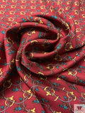Equestrian Tack Printed Fine Silk Twill Pre-Cut Panel - Blood Red / Turquoise / Yellow-Gold