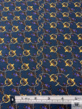 Equestrian Tack Printed Fine Silk Twill Pre-Cut Panel - Navy / Periwinkle / Yellow-Gold