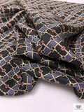 Equestrian Tack Printed Fine Silk Twill Pre-Cut Panel - Black / Dark Grey / Red / Pale Gold