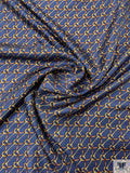 Equestrian Tack Printed Fine Silk Twill Pre-Cut Panel - Steel Indigo / Brown / Gold