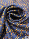 Equestrian Tack Printed Fine Silk Twill Pre-Cut Panel - Steel Indigo / Brown / Gold