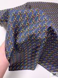 Equestrian Tack Printed Fine Silk Twill Pre-Cut Panel - Steel Indigo / Brown / Gold