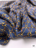 Equestrian Tack Printed Fine Silk Twill Pre-Cut Panel - Steel Indigo / Brown / Gold
