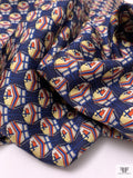 Boat Printed Fine Silk Twill Panel - Navy Blue / Orange / Butter Yellow