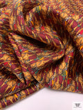 Equestrian Horseback Riding Printed Fine Silk Twill Pre-Cut Panel - Deep Red / Caramel Gold / Green