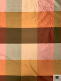 Gingham Plaid Yarn-Dyed Silk Shantung - Khaki Greens / Maroon / Pink / Golds