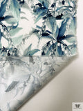 Botanical Watercolor Matte-Side Printed Silk Charmeuse - Icy Blues / Off-White