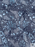 Ornate Batik Phoenix Matte-Side Printed Silk Charmeuse - Navy / Seafoam Blue / White