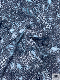 Ornate Batik Phoenix Matte-Side Printed Silk Charmeuse - Navy / Seafoam Blue / White
