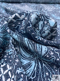Ornate Batik Phoenix Matte-Side Printed Silk Charmeuse - Navy / Seafoam Blue / White