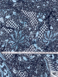 Ornate Batik Phoenix Matte-Side Printed Silk Charmeuse - Navy / Seafoam Blue / White