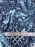 Ornate Batik Phoenix Matte-Side Printed Silk Charmeuse - Navy / Seafoam Blue / White