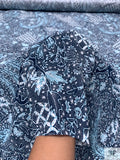 Ornate Batik Phoenix Matte-Side Printed Silk Charmeuse - Navy / Seafoam Blue / White