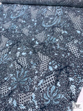Ornate Batik Phoenix Matte-Side Printed Silk Charmeuse - Navy / Seafoam Blue / White
